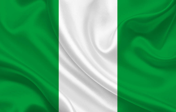 Nigeria-Flagge auf welligem Seidenstoff-Hintergrundpanorama - Illustration - Foto, Bild