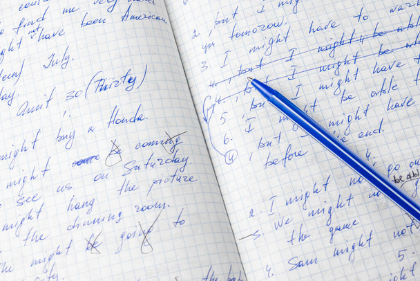 Sheets of school student notebook scribbled with a blue ballpoint pen. - Photo, Image