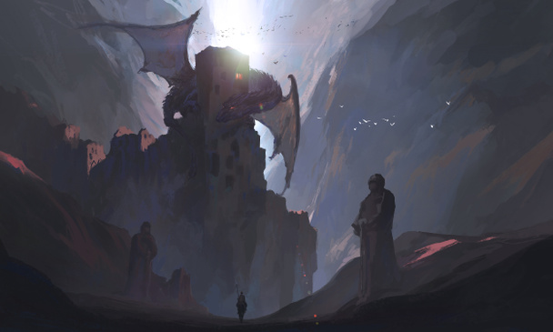 De ridders in de canyon dagen de draak uit, digitaal schilderen. - Foto, afbeelding