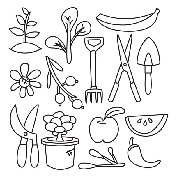 frutas, hortalizas y equipos de granja vector elementos dibujado a mano línea de garabatos tema
 - Vector, Imagen