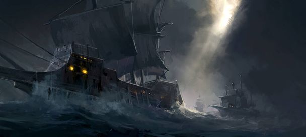 荒海を旅する古代軍艦のデジタル絵画. - 写真・画像