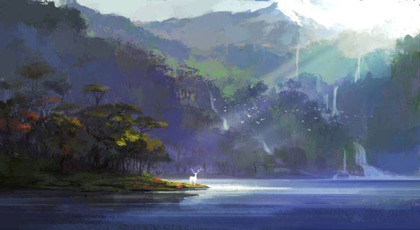 Олень стоит у уединенного озера, цифровая иллюстрация
. - Фото, изображение