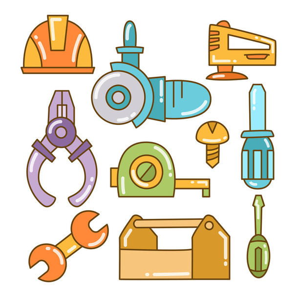 Engineering und Bau-Tools Symbole Farbe Doodle Line Design - Vektor, Bild