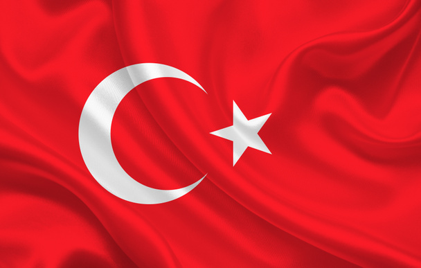 Bandeira da Turquia país sobre ondulado tecido de seda panorama de fundo - ilustração
 - Foto, Imagem