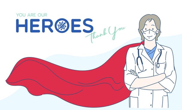 Frontline heroes, professional medical doctors wearing protective mask. Infection control concept. Hand drawn in thin line style, vector illustrations. - Vector, Image