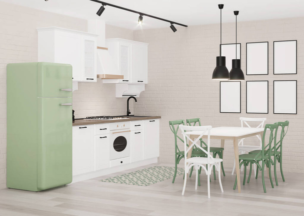Interior with white classic kitchen with green fridge and light brick walls. 3D rendering. - Photo, Image