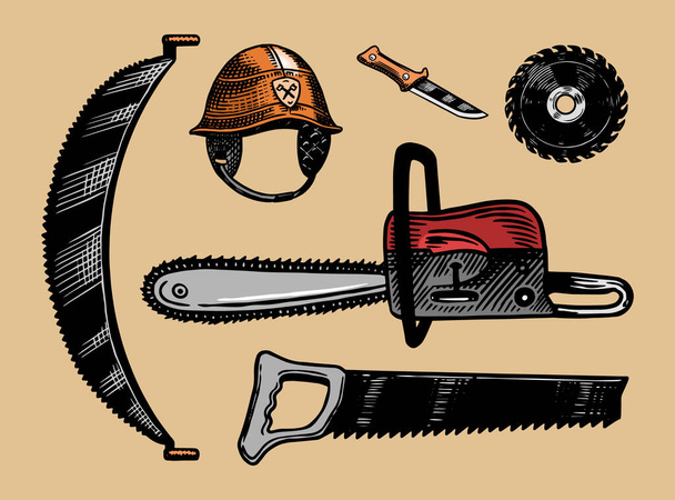 Инструменты для вырубки деревьев. Пила или бензопила и шлем. Домашние инструменты. Ручные элементы. Векторная иллюстрация. Гравированный монохромный винтажный эскиз
. - Вектор,изображение