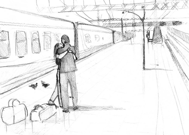 Ręcznie rysowany szkic kochanków na dworcu kolejowym - Zdjęcie, obraz