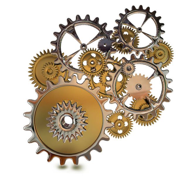 gears cogs system engineering mechanic connect  power motivation - 3d rendering - Photo, Image