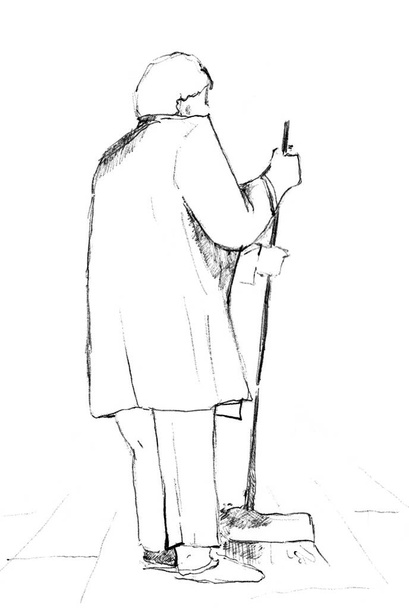 Dibujo dibujado a mano del hombre con fregona - Foto, Imagen