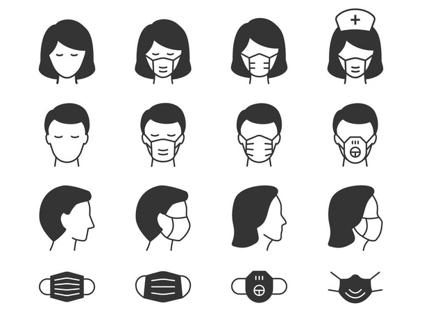 Man and Woman in medical mask icons. Vector illustrations on white. - Vecteur, image