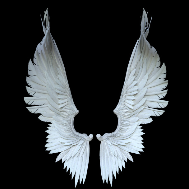 3D Renderelt fehér Fantasy Angel Wings elszigetelt fekete háttér - 3D illusztráció - Fotó, kép