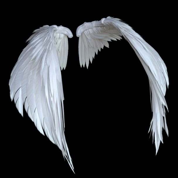 3D Rendered White Fantasy Angel Wings geïsoleerd op zwarte achtergrond - 3D Illustratie - Foto, afbeelding