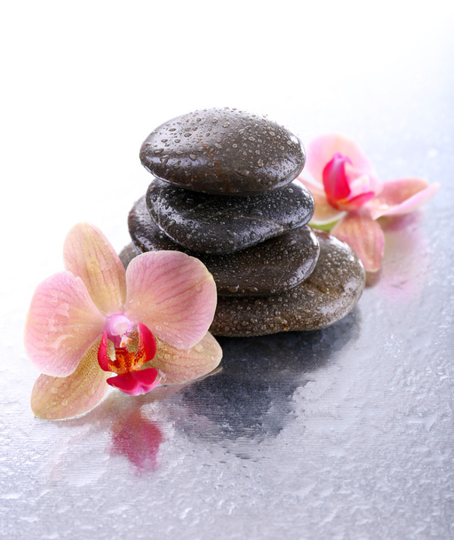Composition with beautiful blooming orchid with water drops and spa stones, on light background - Φωτογραφία, εικόνα