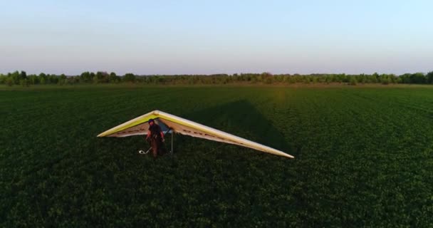 Hang glider flight in sunset time over green and yellow fresh spring fields. Aerial top view. Taken with drone. - Footage, Video