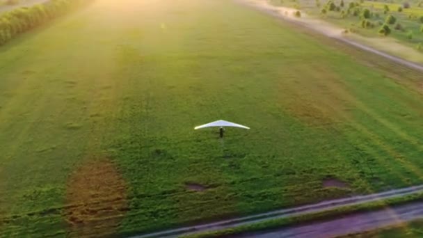 緑と黄色の新鮮な春のフィールド上の日没の時間にグライダーの飛行をハングアップ。空中トップビュー。無人機で撮影. - 映像、動画