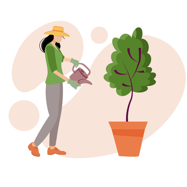 Jardim Uma menina com uma lata molhando molhou uma árvore verde, uma mulher cuida do jardim, cresce plantas. Peça flores. Ilustração vetorial para cartão postal, site, banner ou cartaz
. - Vetor, Imagem