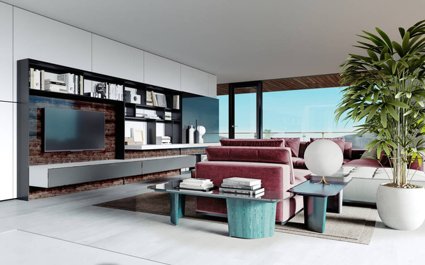 Nappali egy nagy rózsaszín kanapéval és TV-készülék polcokkal és dekorációval. Nappali garzon konyhával és nappalival. Nagy panoráma ablakok. 3D renderelés. - Fotó, kép