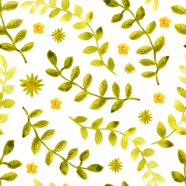 Seamless pattern with sprigs and leaves. Hand watercolor illustration on a white background. Elements for summer and spring design of fabric, wallpaper, packaging, cover, scrapbooking, digital paper. - Zdjęcie, obraz