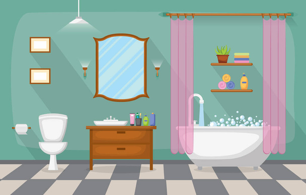 Classic Μπάνιο Εσωτερικό Καθαριότητα Δωμάτιο Ξύλινα Επίπεδη Επίπεδη σχεδίαση - Διάνυσμα, εικόνα