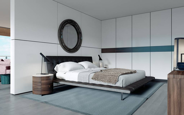Dormitorio de diseño moderno en estilo escandinavo, armario, espejo redondo, ventana panorámica desde el suelo hasta el techo. Renderizado 3D
. - Foto, imagen