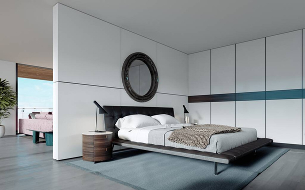 Moderne design slaapkamer in Scandinavische stijl, kledingkast, ronde spiegel, panoramisch raam van vloer tot plafond. 3D-weergave. - Foto, afbeelding