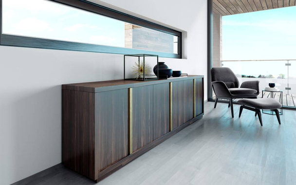 Wooden designer chest of drawers with bronze handles and an adjacent armchair. Contemporary style, panoramic window. 3D rendering. - Photo, Image