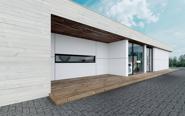 Μέρος της σύγχρονης πρόσοψης ενός κτιρίου κατοικιών σε μοντέρνο στυλ. 3D απόδοση. - Φωτογραφία, εικόνα