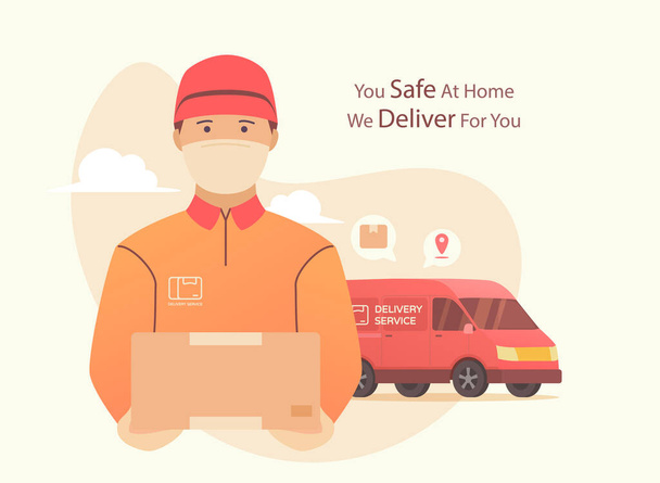 Delivery during pandemic coronovirus. Courier using surgical mask with box in his hand. Portrait from the waist up.modern flat style Vector illustration. - Vector, Image