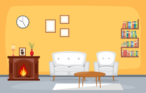 Fireplace Living Room Family House Interior Furniture Vector Illustration - Vector, Image