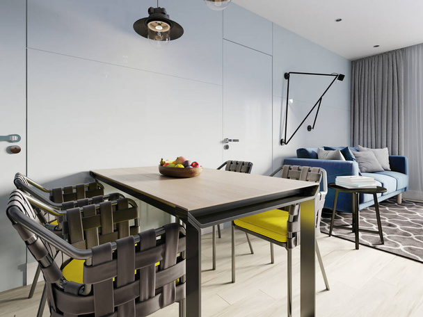 kis stúdió apartman konyha, étkező és nappali kanapéval. Belső kék és fehér színekben és fa elemekben. 3D renderelés. - Fotó, kép