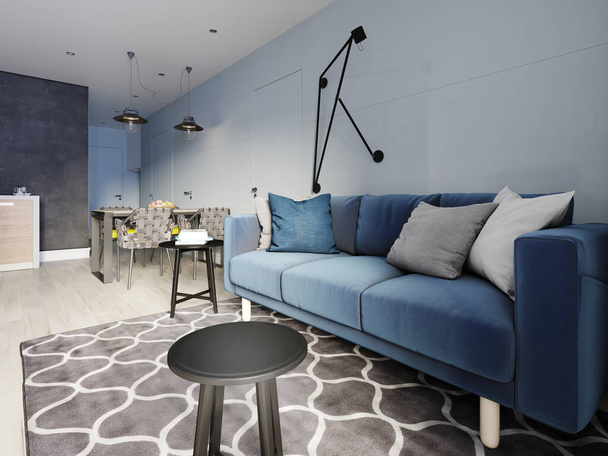 モダンなブルーのソファと装飾が施されたブラックサイドテーブル付きの北欧デザインのリビングルーム。北欧の現代的なスタイル。壁ランプを設計します。3Dレンダリング. - 写真・画像