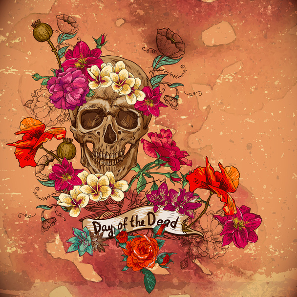 Κρανίο και λουλούδια Ημέρα των Νεκρών - Διάνυσμα, εικόνα