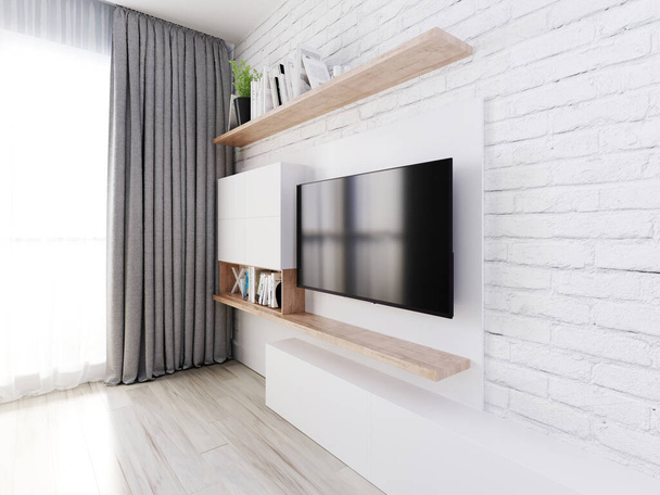 Un téléviseur avec une télévision et des étagères. mur de briques décoratif blanc. Texture bois et casiers blanc mat. rendu 3D
. - Photo, image