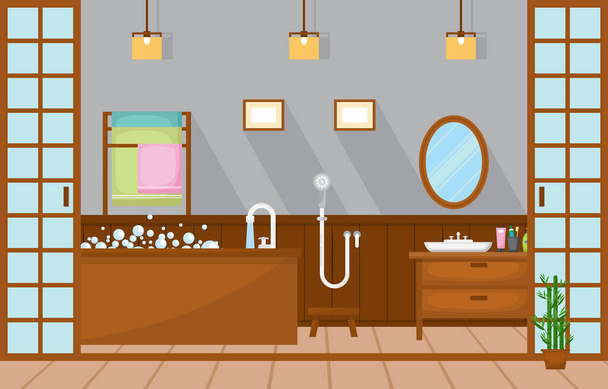 Японская ванная комната Жилой традиционный стиль дерева Акцент интерьера Иллюстрация
 - Вектор,изображение