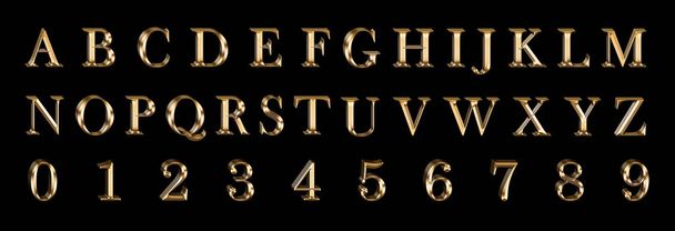 Altın alfabesi ve gri arkaplandaki rakamlar 3D-görüntü. Pankart - Fotoğraf, Görsel