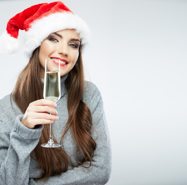 Christmas woman holding wine glass. - Fotoğraf, Görsel