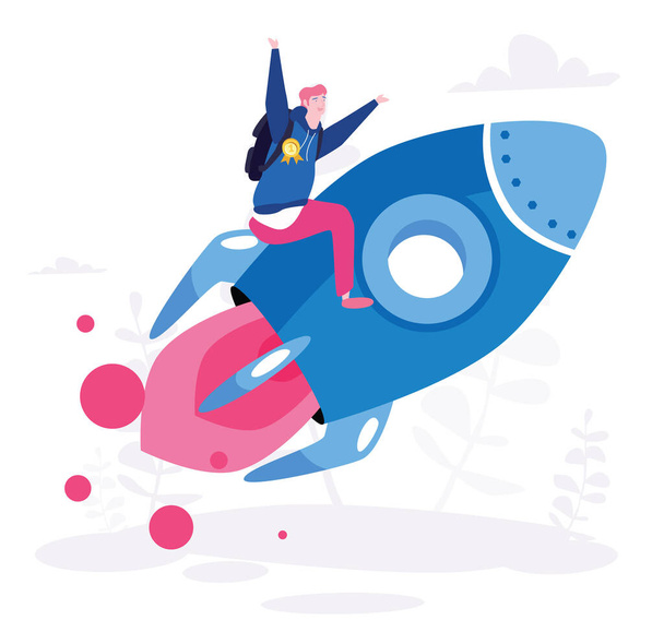 cartoon vector illustration of happy winner flying on rocket - Vector, Image