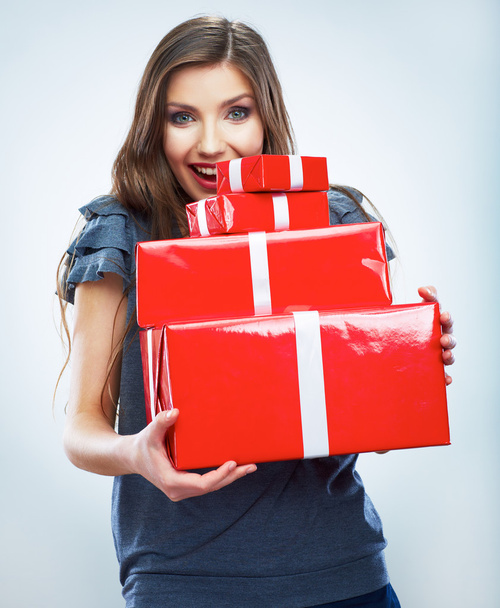 Woman hold red gift box. - Fotó, kép