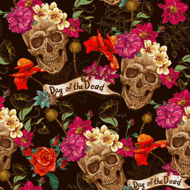 schedel en bloemen naadloze achtergrond - Vector, afbeelding