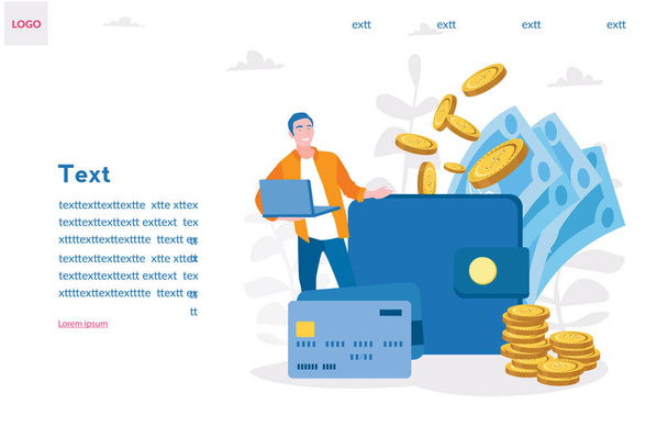 ευτυχισμένος άνθρωπος κινουμένων σχεδίων με πορτοφόλι, μετρητά, κέρματα και πιστωτική κάρτα - Διάνυσμα, εικόνα