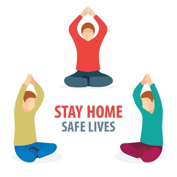 Stay home  safe lives. Sitting man with hands showing home symbol over the head. Part of set. - Vector, Image