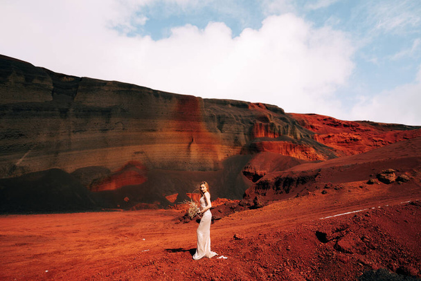 Portrét modelu nevěsty ve zlatých svatebních večerních šatech, ve žlutočerveném písečném lomu, v kráteru sopky na Islandu, Zlatý kruh. Kytice z háčků a zlatých větví. - Fotografie, Obrázek