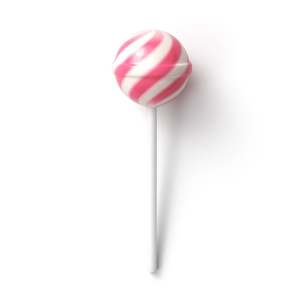 Striped fruit pink and white lollipop on stick on white background - Photo, Image