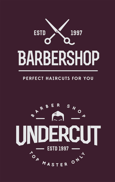 Vieux Barbershop Emblèmes vectoriels et étiquettes. Vintage mâle signes de coupe de cheveux.  - Vecteur, image