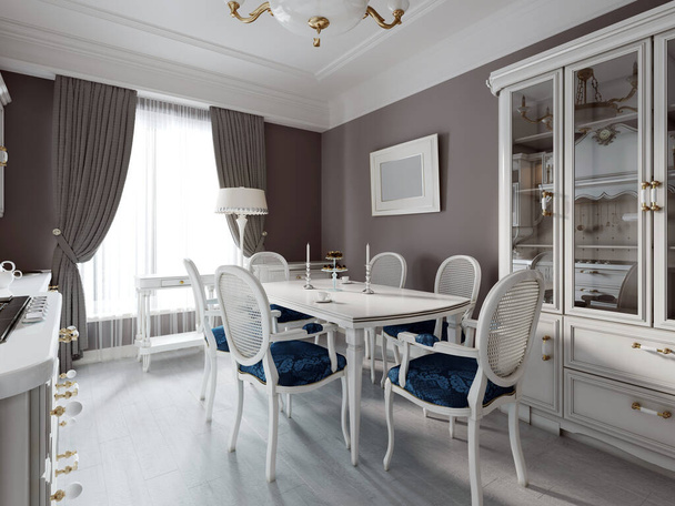 Kücheneinrichtung mit Esstisch im Provence-Stil. weiße Möbel und braune Wände. 3D-Rendering. - Foto, Bild