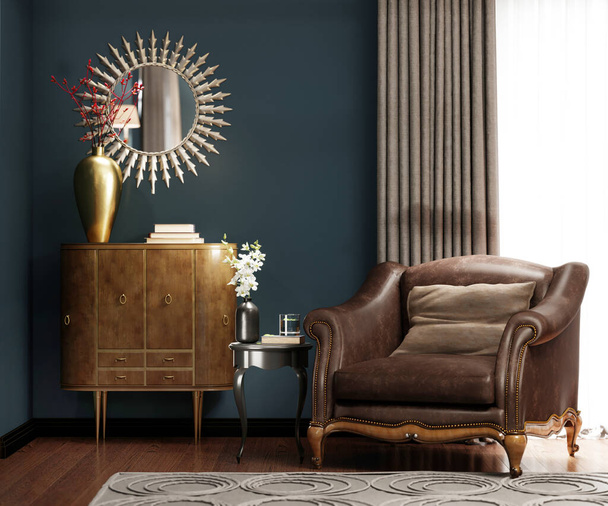 A classic leather armchair with a brown pillow, near the golden chest of drawers with decor, by the window. 3D rendering. - Photo, Image