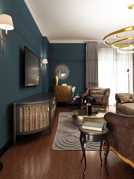 TV-Lounge-Bereich in einem eklektischen Wohnzimmer mit einem weichen Sofa und zwei Sesseln in braunen Farben. TV-Gerät mit goldener Fassade. Die abgedunkelte Atmosphäre des Innenraums. 3D-Rendering. - Foto, Bild