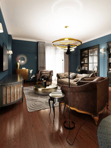 TV lounge in een eclectische woonkamer met een zachte bank en twee fauteuils in bruine kleuren. TV-unit met een gouden gevel. De donkere sfeer van het interieur. 3D-weergave. - Foto, afbeelding