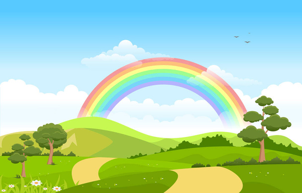 Prachtige Rainbow Sky met groene weide berg natuur landschap illustratie - Vector, afbeelding